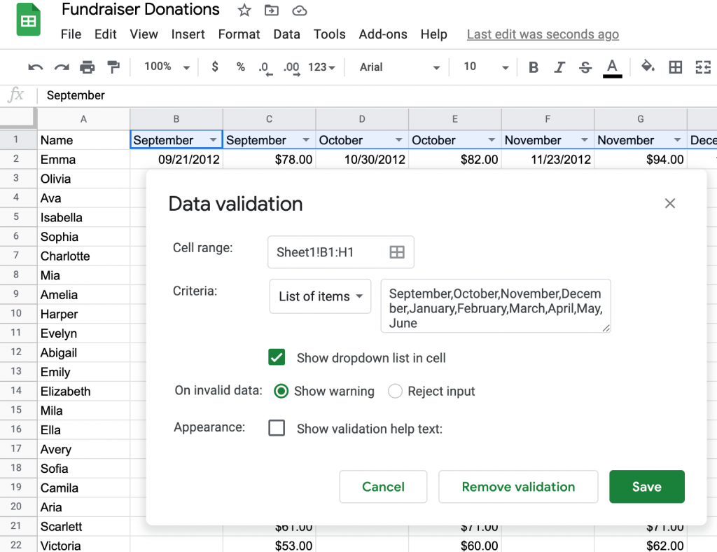 google sheets data validation