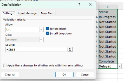 Excel Drop Down List