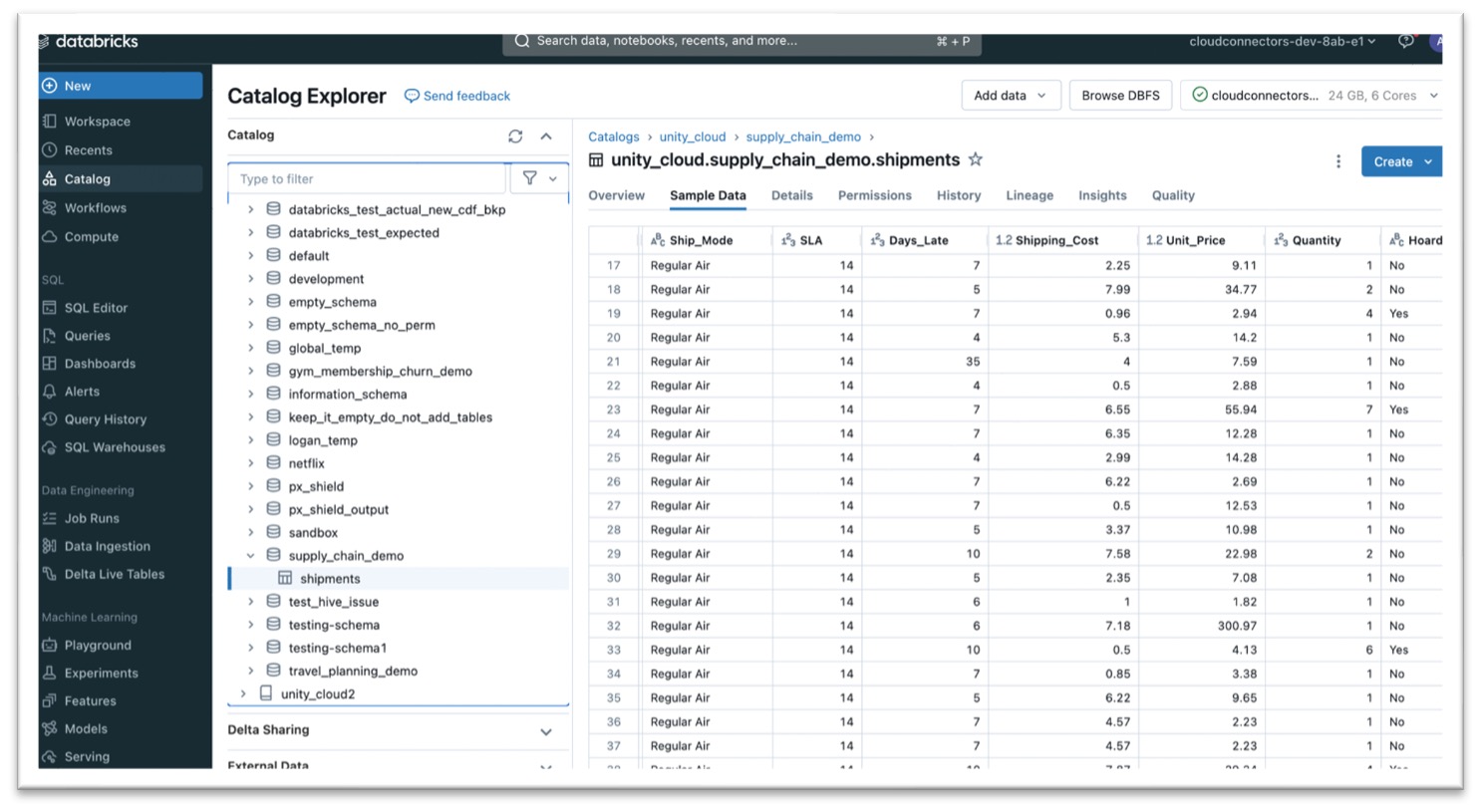  Databricks Catalog Explorer interface displaying a table with sample data from the "shipments" table within the "supply_chain_demo" catalog. The table columns include Ship Mode, SLA, Days Late, Shipping Cost, Unit Price, Quantity, and Hoard.