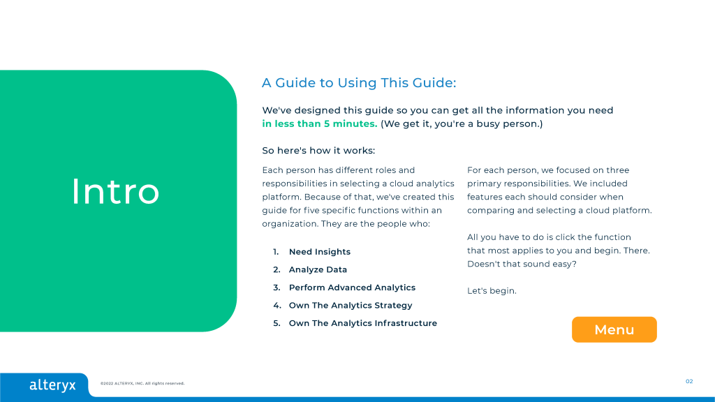 A preview of page 2 from the Cloud Analytics Platform Buyer’s Guide. It shows how the guide works and describes how the guide can help people evaluate and select a cloud analytics platform for people that (1) need insights, (2) analyze data, (3) perform advanced analytics, (4) own the analytics strategy, and (5) own the analytics infrastructure. 