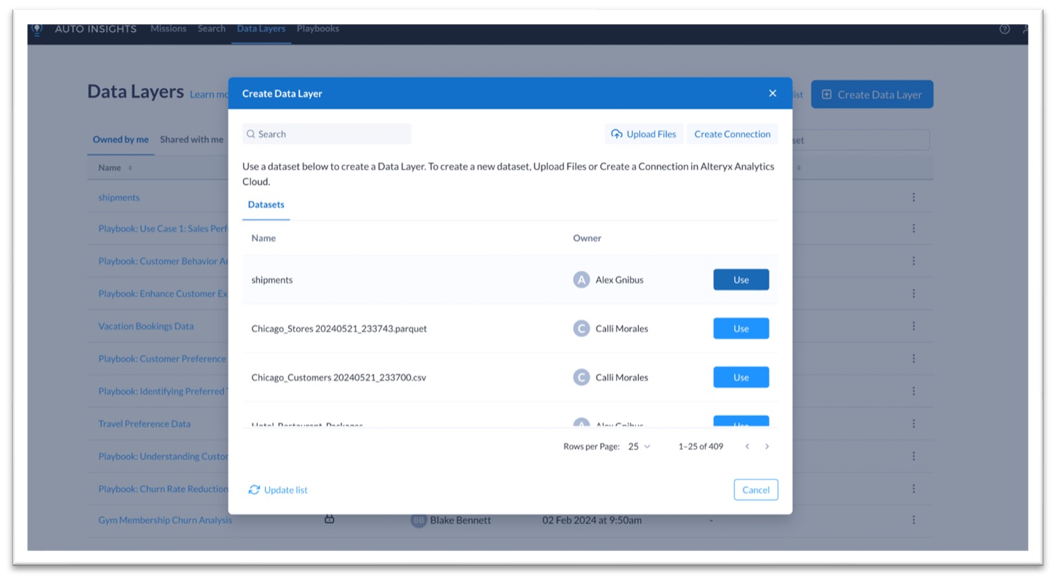 A screenshot of Alteryx Auto Insights "Data Layers" interface. A modal window titled "Create Data Layer" is open. It shows a list of available datasets including "shipments," "Chicago Stores 20240521.233743.parquet," and "Chicago Customers 20240521.233700.csv." Options to upload files or create a connection are also available.