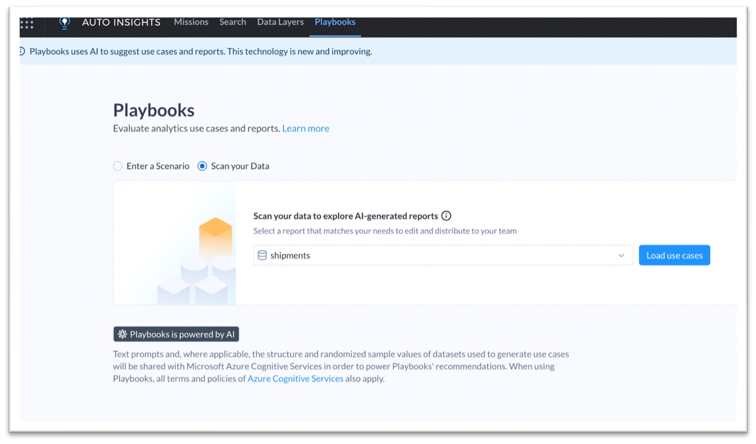 The Alteryx Auto Insights Playbooks interface with two options: "Enter a Scenario" and "Scan your Data." The "Scan your Data" option is highlighted, showing a dataset called "shipments" ready to be analyzed. A note indicates that Playbooks is powered by AI and that data is shared with Microsoft Azure Cognitive Services.