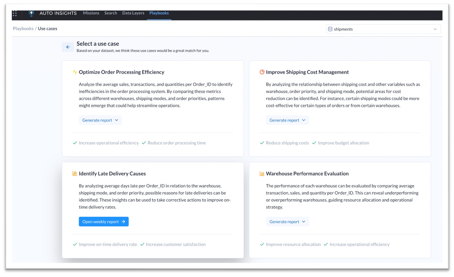 Alteryx Auto Insights Playbooks interface displaying four use cases for analyzing a "shipments" dataset: Optimize Order Processing Efficiency: Analyze sales, transactions, and quantities per order to identify inefficiencies. Improve Shipping Cost Management: Identify cost reduction opportunities by analyzing the relationship between shipping cost and other variables. Identify Late Delivery Causes: Pinpoint potential reasons for late deliveries by examining days late per order in relation to various factors. Warehouse Performance Evaluation: Evaluate each warehouse's performance by comparing average transactions, sales, and quantity per order. Each use case includes potential benefits and a button to generate a report or view insights.