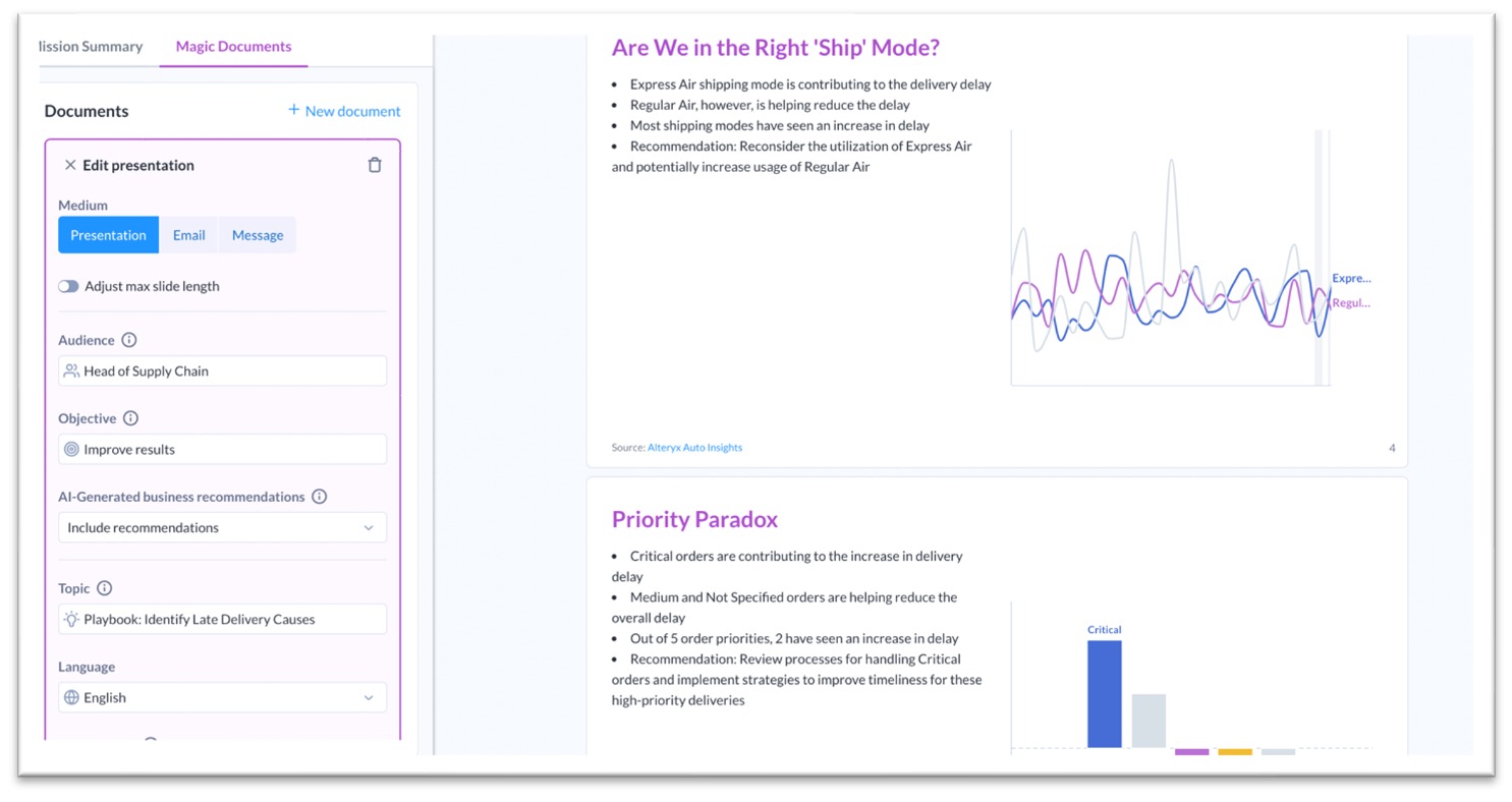 Alteryx Auto Insights report on identifying late delivery causes, summarizing key findings related to shipping modes and order priority, with options to edit the presentation or adjust content for different audiences and objectives.