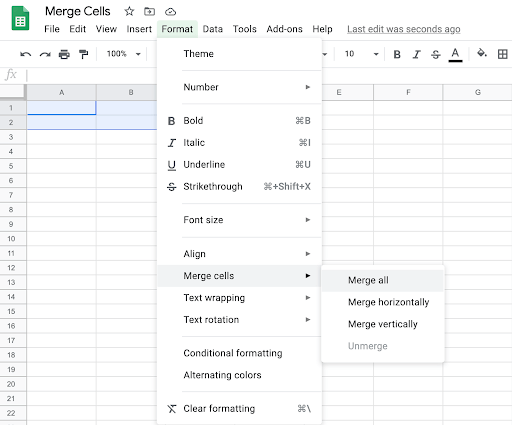 Example of selecting and merging cells in Google Sheets Select and merge cells in Google Sheets