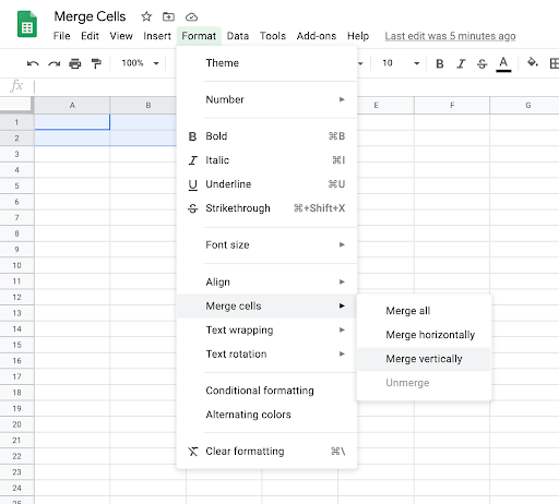 Steps to merging cells vertically in Google Sheets. Merge vertically in Google Sheets