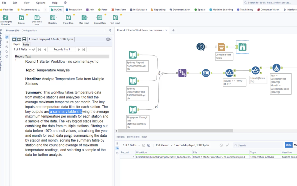 Users can drop the Workflow Summary Tool onto an existing canvas to generate natural language descriptions of what that workflow does. 