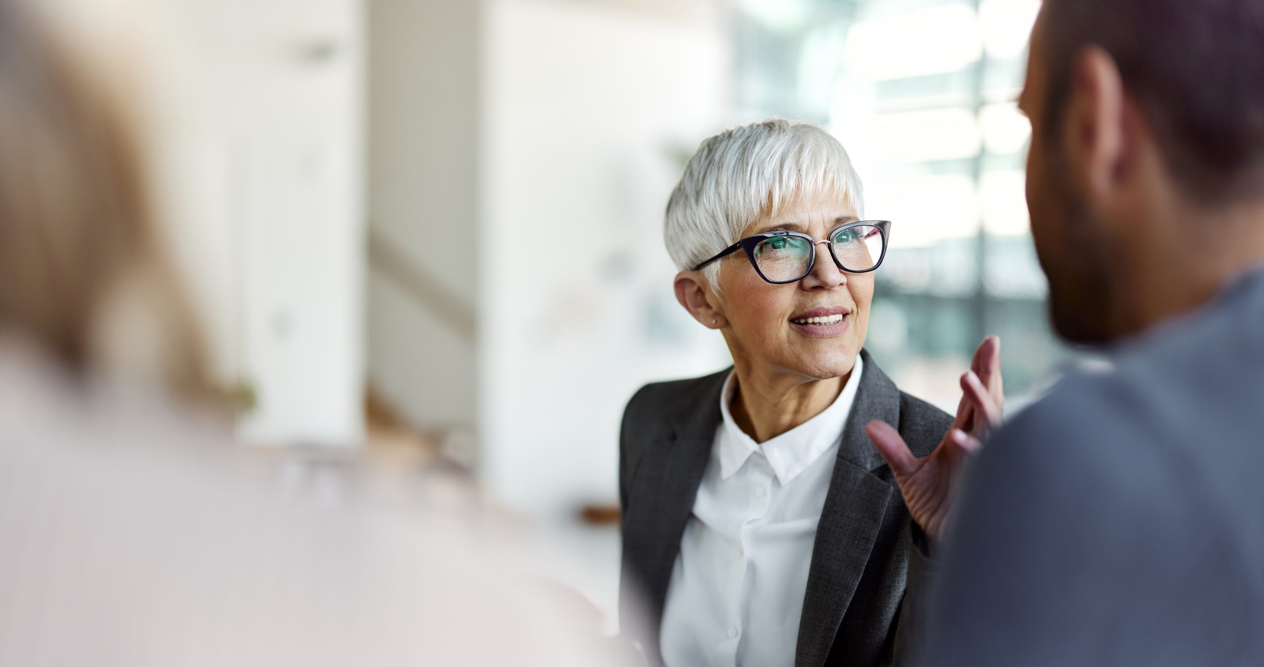 Female insurance agent talking to her customers on a meeting in the office.